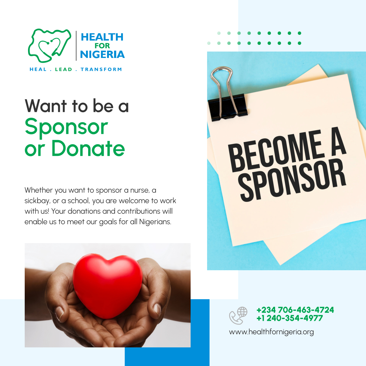 Vital donors are the backbone of Health for Nigeria, donating an amount that ensures we can provide access to quality primary care services for Nigerians all over the country. Be part of our vital donors!

#Sponsor #CharityOrganization #HealthForNigeria
