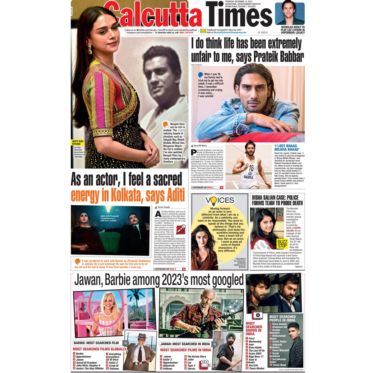 In today's CT 1: Aditi Rao Hydari was in town recently to attend the closing ceremony of the 29th KIFF;  Prateik Babbar reflects on his  formative years, addiction, marriage and more; Take a look. 

#kiff #kiff23 #aditiraohydari #prateikbabbar #Kolkata #calcuttatimes