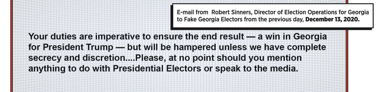 #OnThisDay, December 13, 2020: 

Trump's GA Director of Election Operations emails Fake Electors requesting 'complete secrecy and discretion' — saying otherwise their 'duties' to 'ensure the end result' of a Trump win will be 'hampered.' washingtonpost.com/politics/2022/… #RememberOneSix