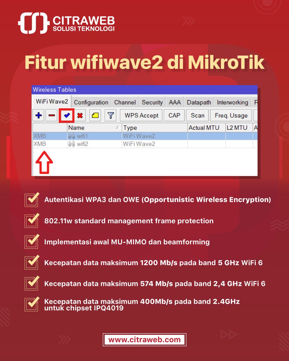 citraweb_com's tweet image. Fitur WiFi Wave2 ini merupakan package tambahan yang diperuntukan untuk mengelola Wireless 802.11ax dan 802.11ac wave 2 yang sudah kompatibel.

Artikel tentang Konfigurasi WiFi Wave2 di MikroTik:
📔 citraweb.com/artikel/544/

#WiFi #Wave2 #MikrotikTutorial #Mikrotik #Citraweb