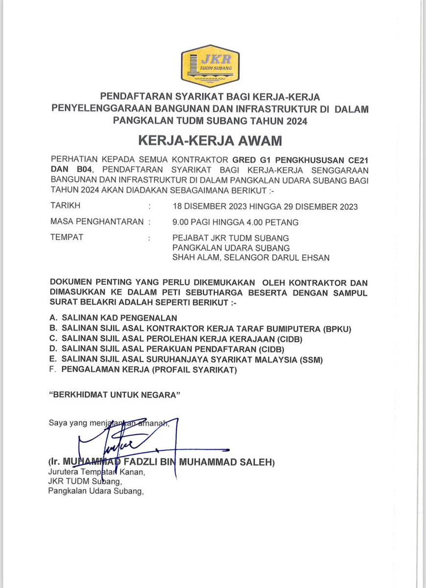 <a href="/jkrtudmsubang18/">JKR TUDM SUBANG</a> 

PENDAFTARAN SYARIKAT BAGI KERJA-KERJA PENYELENGGARAAN DAN INFRASTRUKTUR DI PU SUBANG TAHUN 2024 :

Tarikh : 18 - 29/12/2023
Masa  : 8.00 pg - 4.00 ptg
Tempat : Pejabat JKR TUDM Subang, Pangkalan Udara Subang

<a href="/IPJKR_Official/">JKR Malaysia Rasmi</a> <a href="/JKRSelangor/">JKR Selangor</a> <a href="/csfbjkr/">CSFB JKR</a> <a href="/Ir_faDZli/">faDZli</a>