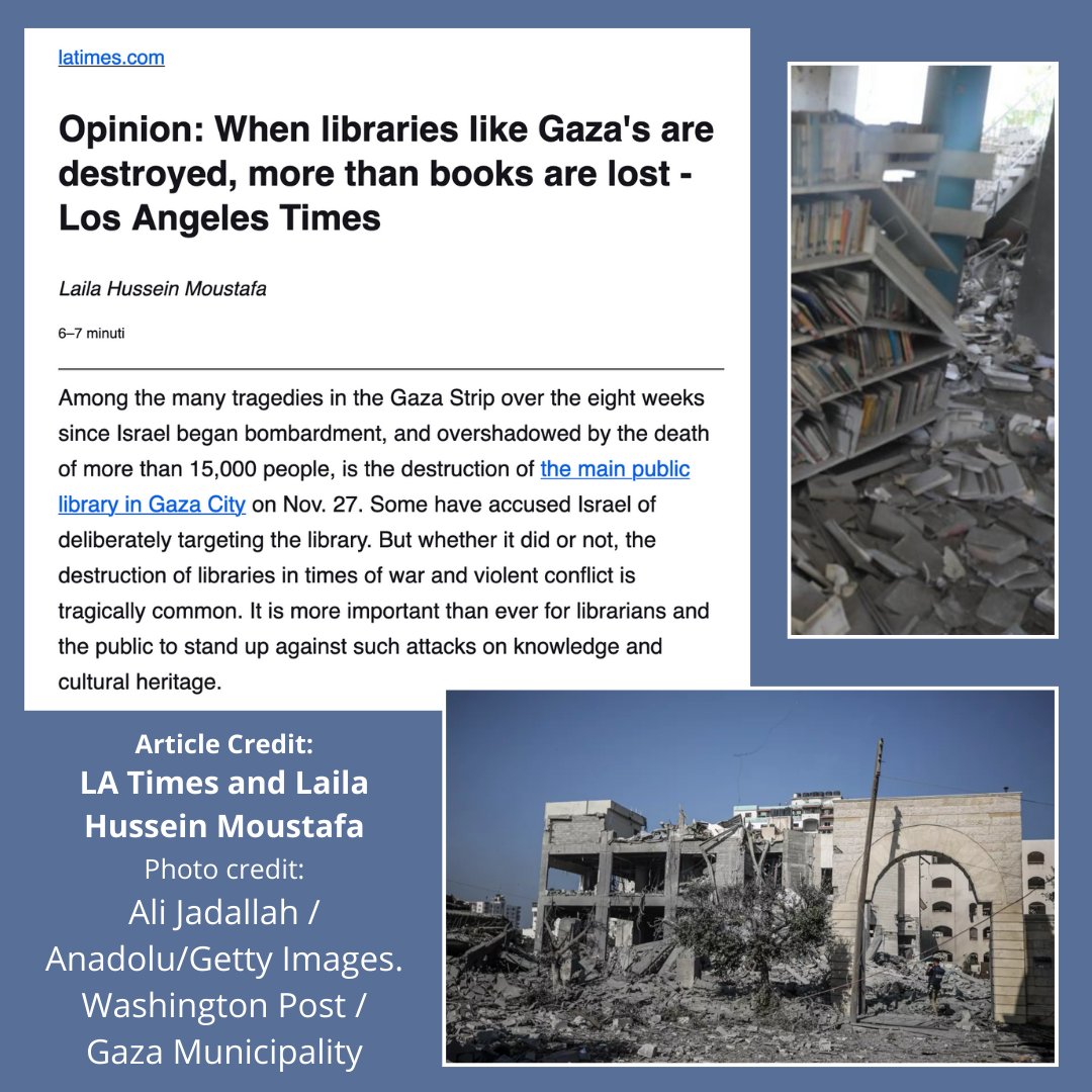 IASL subject specialist for Middle Eastern &amp; North African Studies Laila Hussein Moustafa recently published an opinion article for the LA Times about the destruction of libraries in Gaza.
Check it out here:
latimes.com/opinion/story/…

#iasl #gaza #library