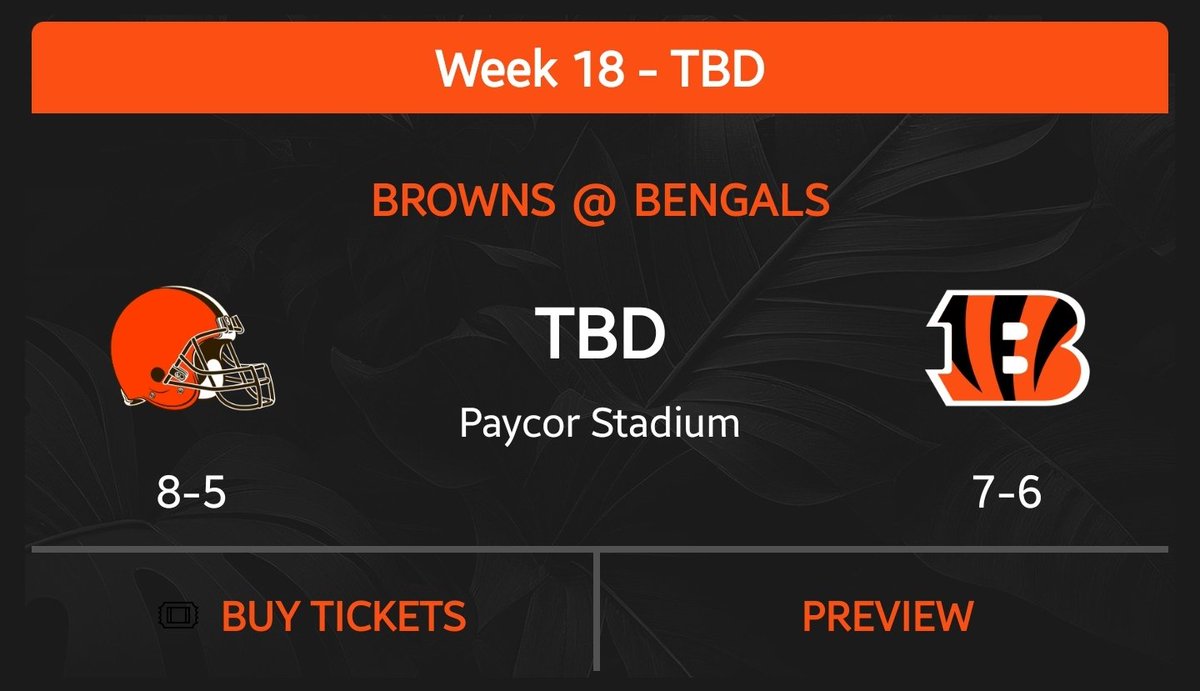#Bengals fans, I'm following the lead of @BengalsBourbon & offering tix to the Browns game in the Jungle week 18! RT this to enter, seats will be no farther than 4 ROWS FROM THE FIELD. Rules below! #WPMOYChallenge Karras #WPMOYChallenge Karras #WPMOYChallenge Karras…
