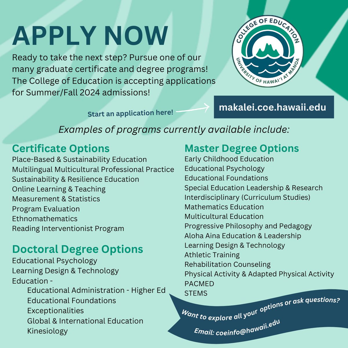 Now accepting apps for Summer/Fall 2024 to various grad certificate, master degree, and doctoral degree program options! Browse programs at bit.ly/47d8PfH or apply now: bit.ly/47VSlJN Need help? Use bit.ly/47SBebV to discuss your interests. @HIDOE808