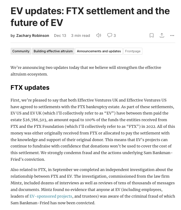 Major effective-altruism organizations are returning some $27 million to FTX debtors, per this new announcement. forum.effectivealtruism.org/posts/HjsfHwqa…