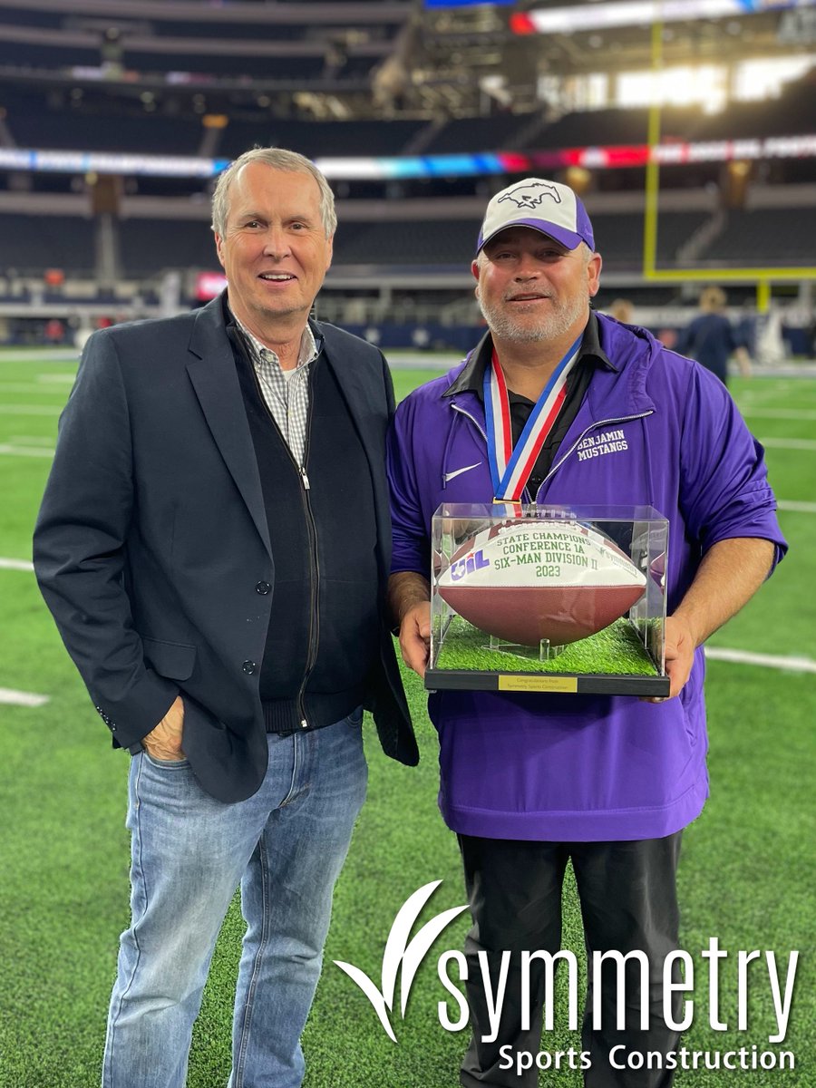 Congratulations to Coach Hayes and the #BenjaminMustangs for being back-to-back Conference 1A Div. II UIL State Football Champions! 🏆 As an Official #UILSponsor, Symmetry was proud to present a commemorative football celebrating the hard work of these coaches and athletes! 🏈