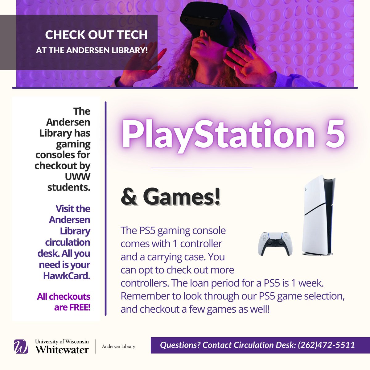 UWW_Library's tweet image. In need of some indoor activities over winter break?

We have video game consoles (and games) available for checkout by UWW students, including a PlayStation 5!

All you need it your Hawkcard! All checkouts at the Andersen Library are free.

More info: uww.edu/library/servic…
