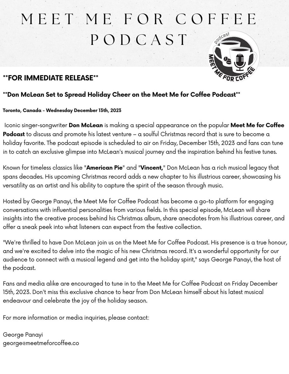 'Get ready to jingle all the way with music legend Don McLean on the Meet Me for Coffee Podcast! ☕🎶 Join us for a festive chat about his brand new Christmas record—bringing holiday cheer to your ears! 🎄✨ #DonMcLeanOnMMFC #ChristmasTunes #MeetMeForCoffeePodcast