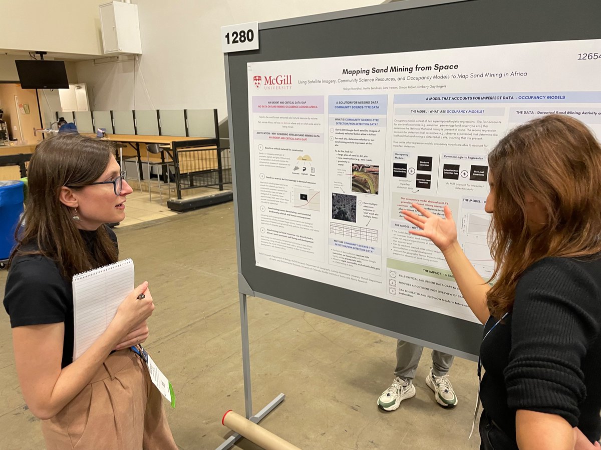 If you’re at #AGU2023 and interested in sand mining, go check out presentation GC33J-1280 this afternoon by PhD student Nakiya Noorbhai @mcgillgeography on “Mapping sand mining from space - Using satellite imagery, citizen science and spatial occupancy models”