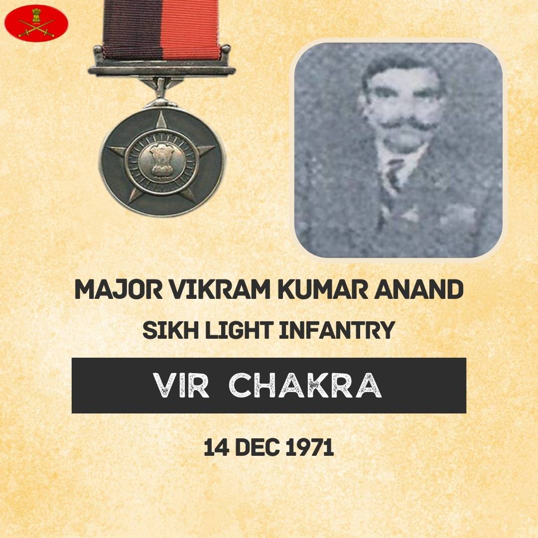 Major Vikram Kumar Anand
Sikh Light Infantry
14 Dec 1971

Major Vikram Kumar Anand displayed undaunted courage, valour & inspiring leadership in the face of the enemy. Awarded #VirChakra.

Salute to the War Hero.

gallantryawards.gov.in/awardee/2285
