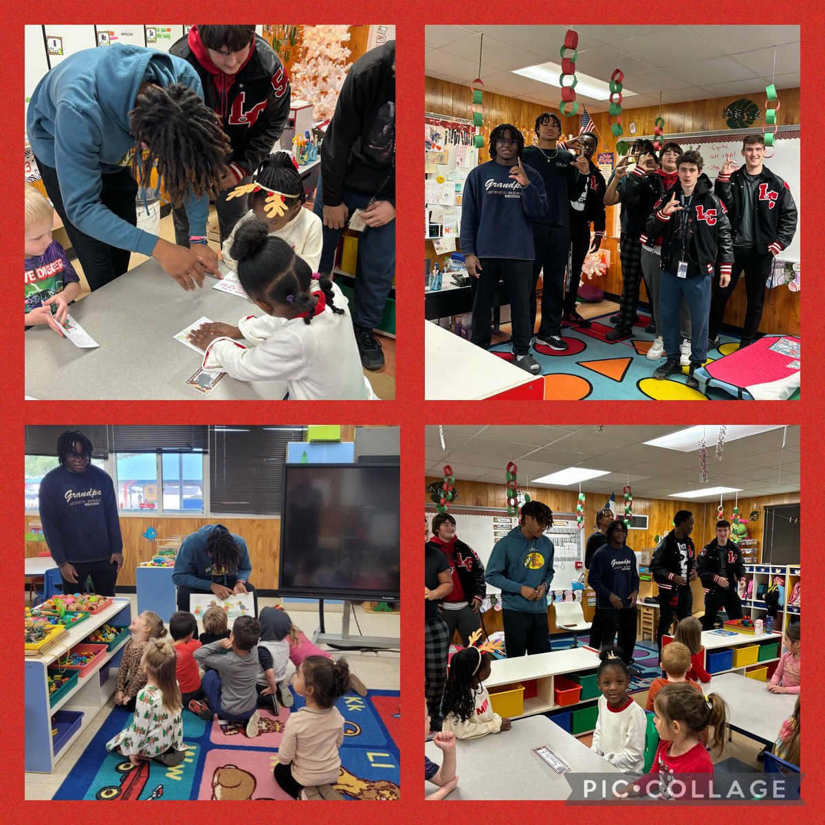 Thank you to the Langham Creek Football team for coming to @Barker_ELC and reading, singing, and dancing with our classes today. The children enjoyed your visit. Great group of young men! @LCLobosFootball #CFISDELCS @langhamcreekhs