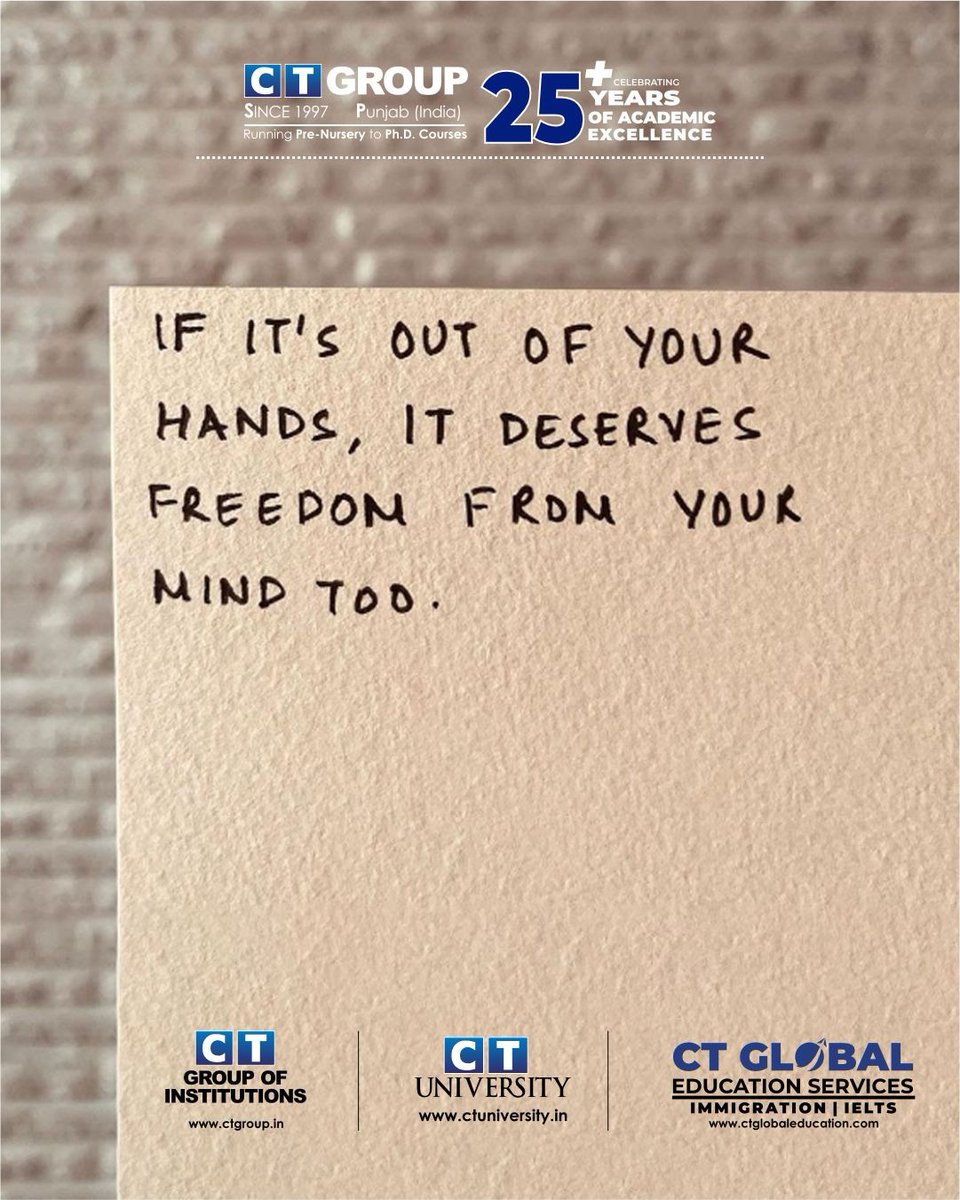 Recognize the art of letting go, acknowledging what's beyond your control.
What's out of your hands should find its way out of your mind too.
#CTGroup #morningpost #releasecontrol #mindfulliving  #innerpeace #acceptance #embracechange #freeyourmind #CTU #CTPS #CTW #TeamCT #CTians