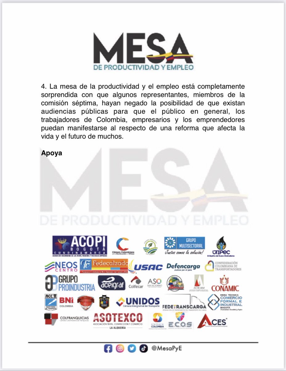 La Mesa de la Productividad y el Empleo estará atenta al desarrollo del debate de la reforma laboral.

#ReformaLaboral