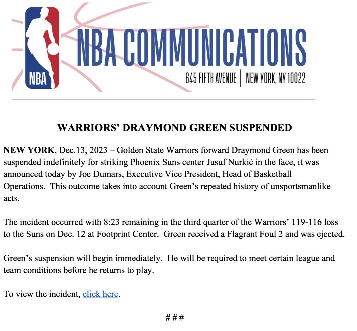 The following was released by the NBA.