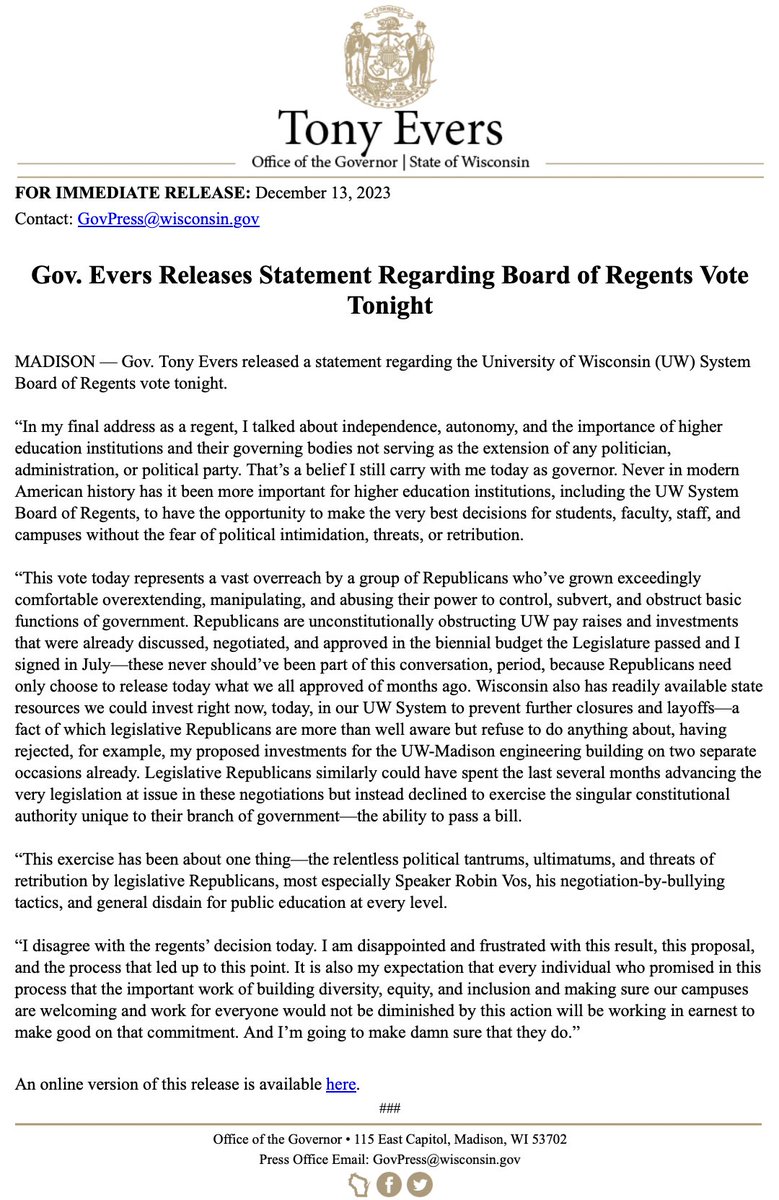 This vote today represents a vast overreach by a group of Republicans who’ve grown exceedingly comfortable overextending, manipulating, and abusing their power to control, subvert, and obstruct basic functions of government. My statement regarding the UW Regents vote tonight.
