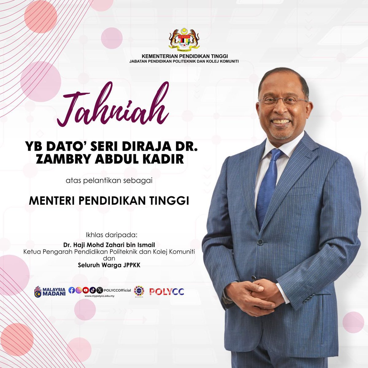 POLYCCOfficial's tweet photo. Setinggi-tinggi tahniah dan selamat datang kepada YB Dato’ Seri Diraja Dr. Zambry Abdul Kadir atas pelantikan sebagai Menteri  Pendidikan Tinggi dan YB Datuk Ts. Mustapha Sakmud atas pelantikan sebagai Timbalan Menteri Pendidikan Tinggi. https://t.co/sxNgjfNkKe