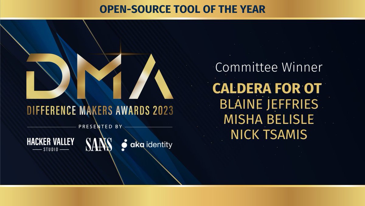 The Committee Winner for Open-Source Tool of the Year 💻 goes to Caldera for OT - Blaine Jeffries, Misha Belisle, and Nick Tsamis!

Congratulations on your open-source contribution to the #cybersecurity community. #SANSDMA