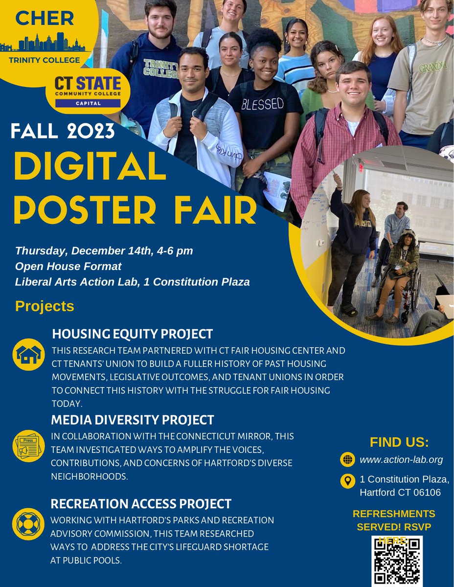 The Liberal Arts Action Lab Fall 2023 Digital Poster Fair is tomorrow! Join us at 1 Constitution Plaza from 4:00-6:00 pm for the final presentations by this semester’s Action Lab students. Appetizers and desserts will be served. Rsvp here: docs.google.com/forms/d/e/1FAI…