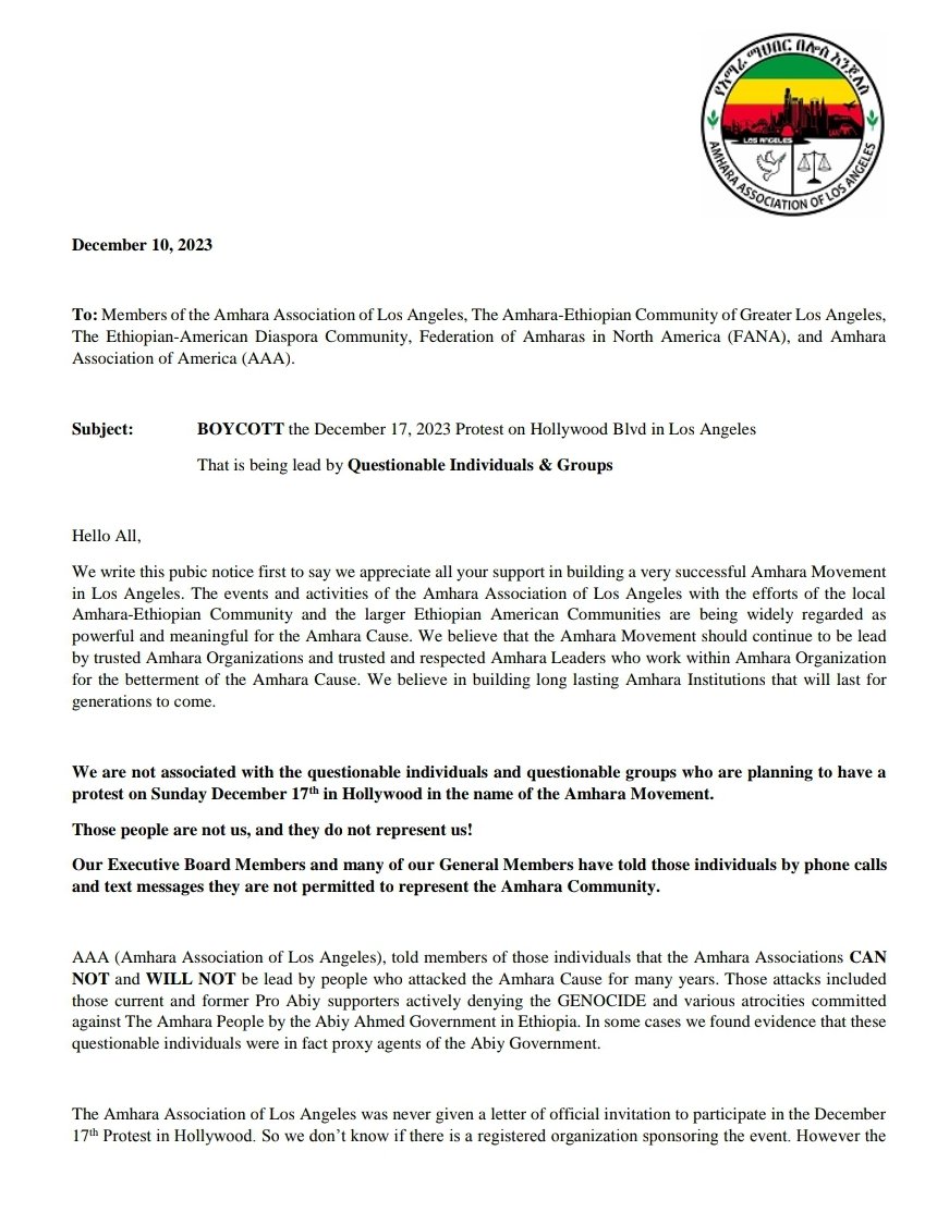 Benyam_Kitaw's tweet photo. The Amhara Association of Los Angeles has made this statement ⬇️⬇️⬇️  to #BOYCOTT the 12-17-2023 protest organized by questionable individuals in #LosAngeles 
The #AmharaMovement will only be lead by trusted #Amhara Organizations and #Amhara Leaders we choose!!! 
#AmharaGenocide https://t.co/efRqcdW99w
