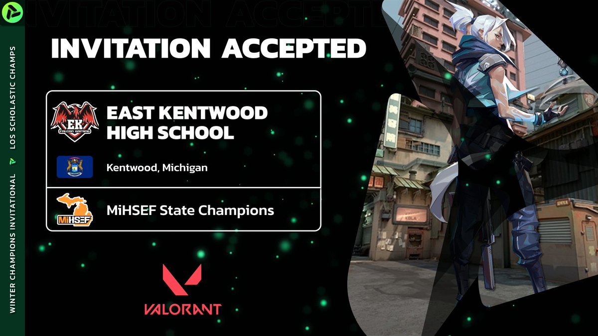 Welcome @EastKentwoodKPS to the National Champions Invitational!

East Kentwood won the #Valorant @MiHSEF State Championship to earn a seat at the National #Scholastic Tournament!

We look forward to seeing them compete against other #Champions on December 20th #LeagueOS