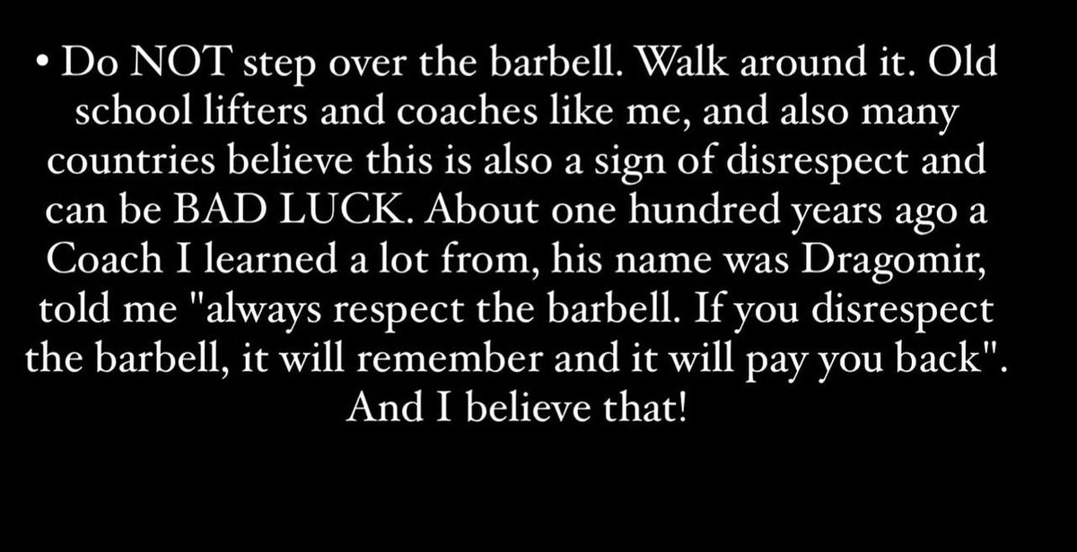 Take note: Bar etiquette when you’re around the platform! Courtesy of Aimee Anaya Everett of Catalyst Athletics…
And I’ll take it a step further, if you step over my bar, you’re going to have to crawl under it going back to set things right #gymetiquette
