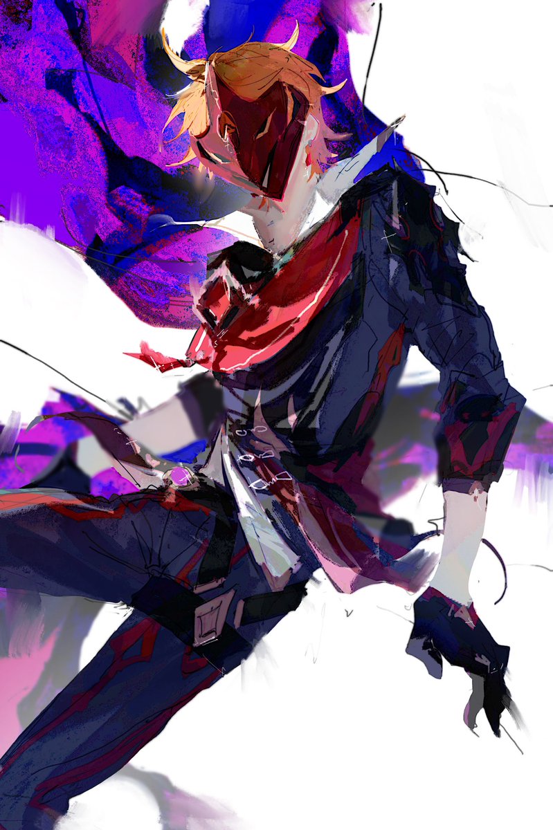 tartaglia (genshin impact) 1boy male focus solo mask red scarf gloves orange hair  illustration images