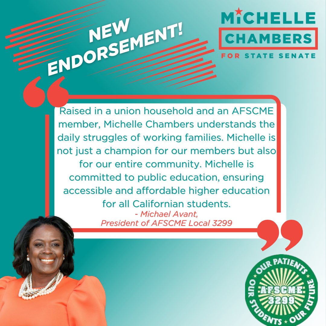 As a former AFSCME member, I couldn’t be more excited to earn the endorsement of <a href="/afscme3299/">AFSCME Local 3299</a> in our campaign for #SD35!

I look forward to working alongside AFSCME Local 3299 to guarantee all Californians have access to affordable higher education so they can achieve their goals.