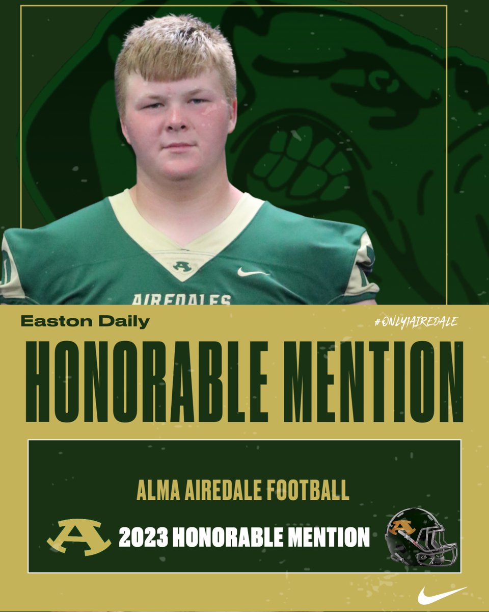 We want to congratulate Easton Daily on his 5A West Honorable Mention All Conference Selection. #only1airedale 2023 Alma Airedale Football