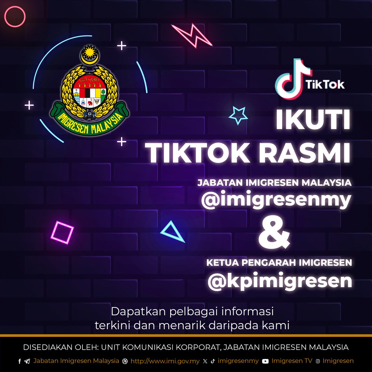 Jom "follow" akaun TikTok Jabatan Imigresen Malaysia, tiktok.com/@imigresenmy dan akaun TikTok Ketua Pengarah Imigresen, KPI Dato' Ruslin Jusoh, tiktok.com/@kpimigresen