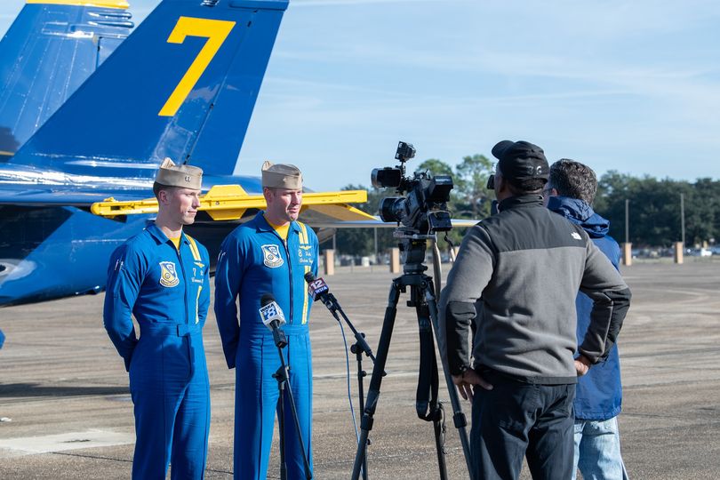 The base welcomed the United States Navy Blue Angels advance team in an F/A-18 Super Hornet today for the team’s winter visit. The purpose of the visit is to check the airfield and tour the site for our Beyond the Horizon Air and Space Show on April 6 and 7, 2024.