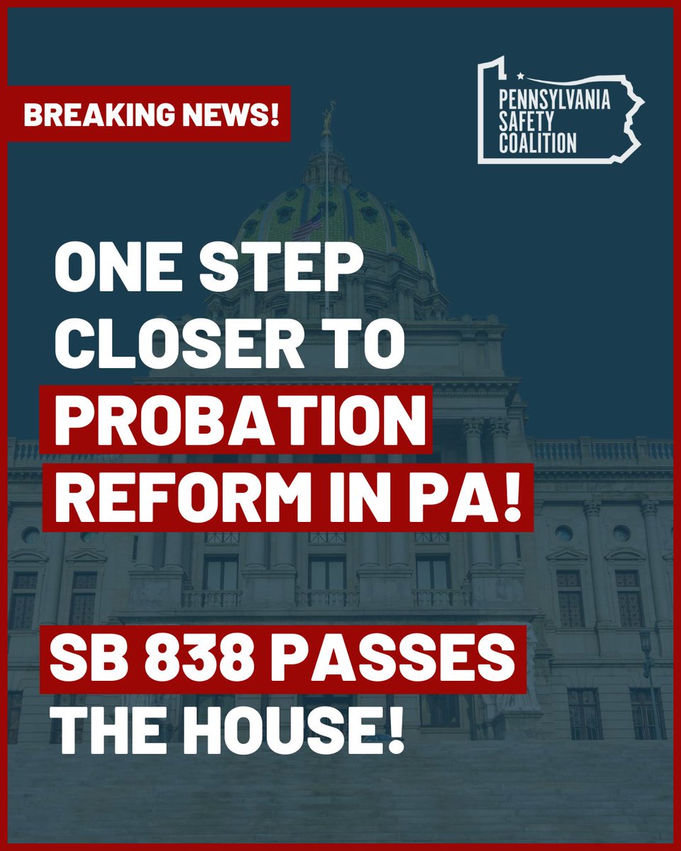 💥BREAKING: Pennsylvania’s Probation Reform Bill #SB838 just passed the House 178-25!

Thank you @governorshapiro and PA House Representatives @JordanHarrisPA & @RepDelozier
for your leadership!

Share this historic progress!