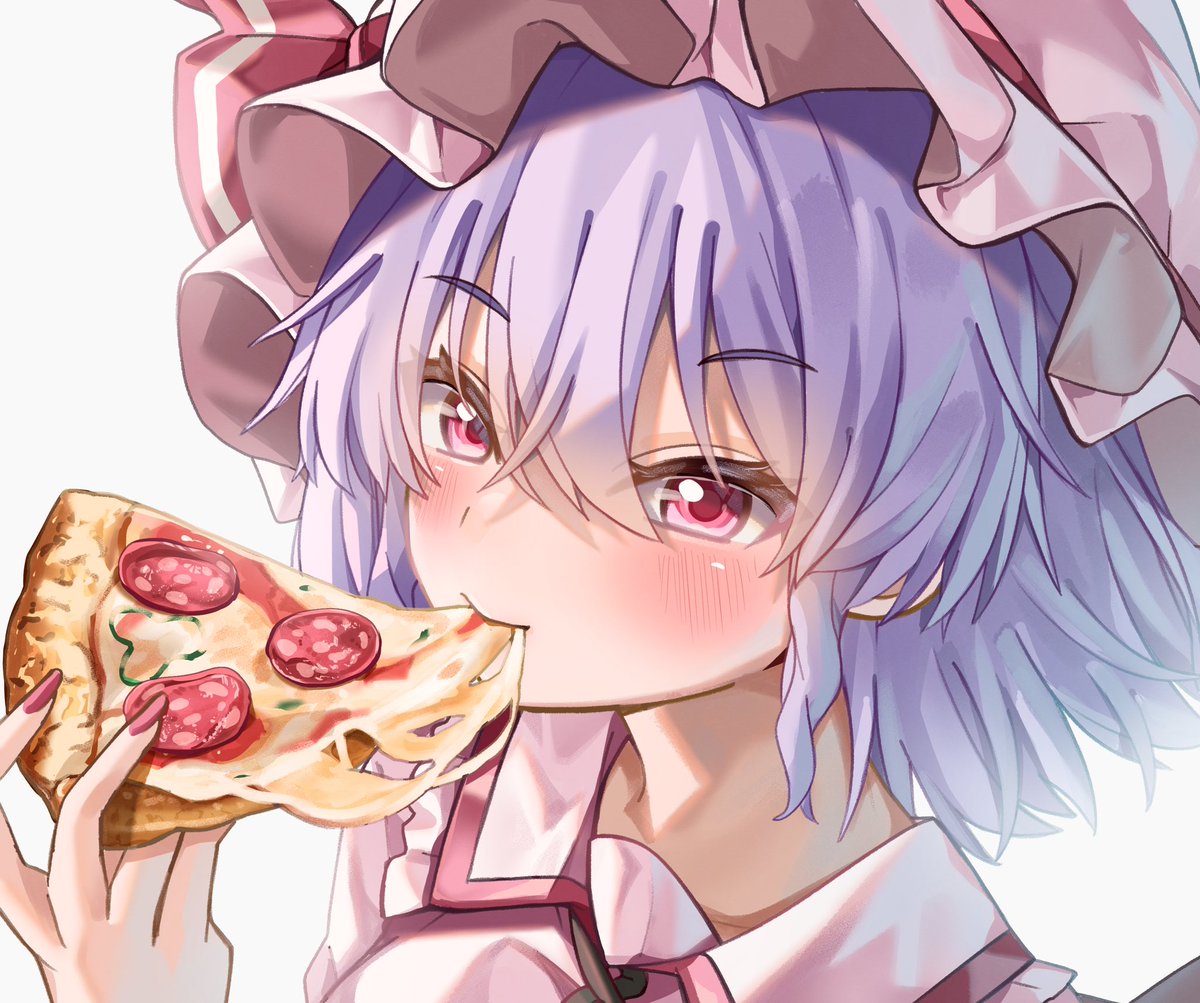 remilia scarlet 1girl pizza solo holding food hat food holding  illustration images