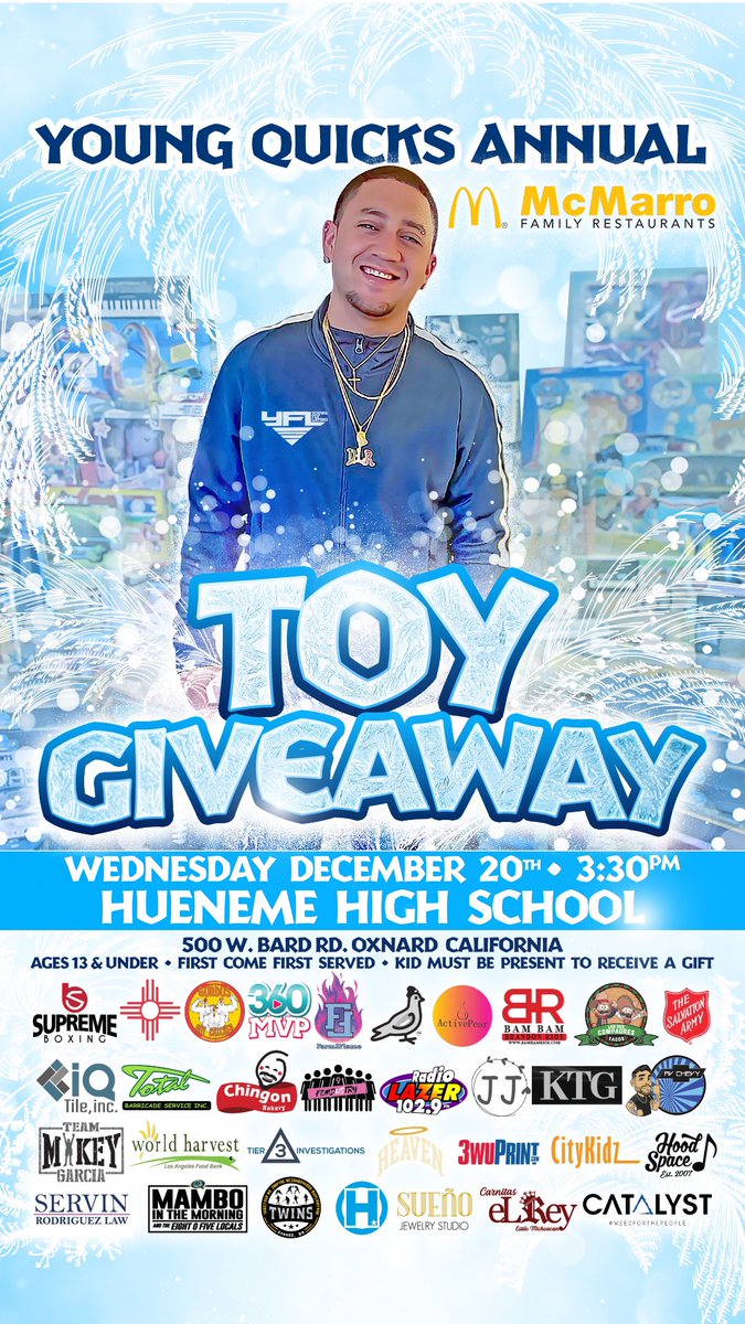 Wednesday Dec. 20th we will be giving out 1,000 + Gifts & 150 Happy Meals to the kids of Oxnard, Ca (Hueneme High School). First Come, First Served. Info is on the flyer. Please share incase somebody needs it 🙏🏽❤️. @Q959FM @kvtaspeednews @Live1055 @oldschool1047 @NewsChannel312