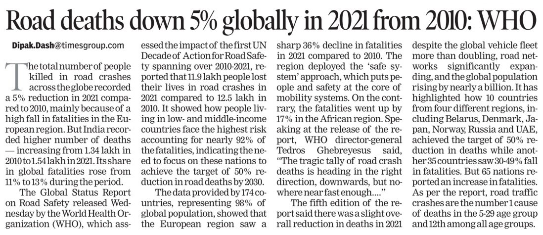 Matter of Concern... If over 100 countries could reduce road fatalities, including 10 by 50%, India can also do it. What we need is fixing responsibility & an integrated approach. My 2 reports in today's @timesofindia based on #WHO Global Status Report on Road Safety.