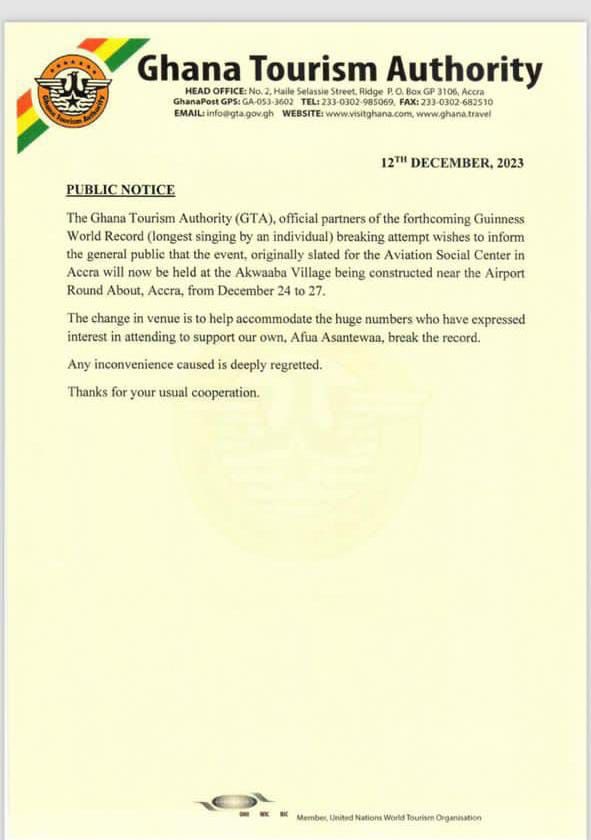 SIKAOFFICIAL1's tweet photo. The Ghana Tourism Authority announces their official partnership with Afua Asantewaa, the young Ghanaian lady who is on a mission to embark on an attempt to win the Guinness World Record for longest singing by an individual. 

Also, the venue has been changed to Akwaaba Village near the Airport roundabout, to make room for the people who’ll be coming out in their numbers in a show of support.