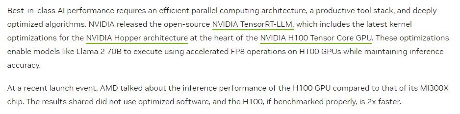 BlueJay87476298's tweet image. #AI $NVDA #TensorRT_LLM 
#教主77

$AMD 發表會 #沒用適當的最佳化軟體；否則 #H100會快二倍

- 使用 $AMD 推理軟體 vLLM v.02.2.2 處理 1 Batch ，#MI300X 僅需 2.5s，#H100 卻需 3.6s

- 若搭 $NVDA 推理軟體 -  #TensorRT_LLM v0.5.0 只需 1.7s  (v0.8 已推出)

#最右邊贏太多
#台灣人不為難台灣人