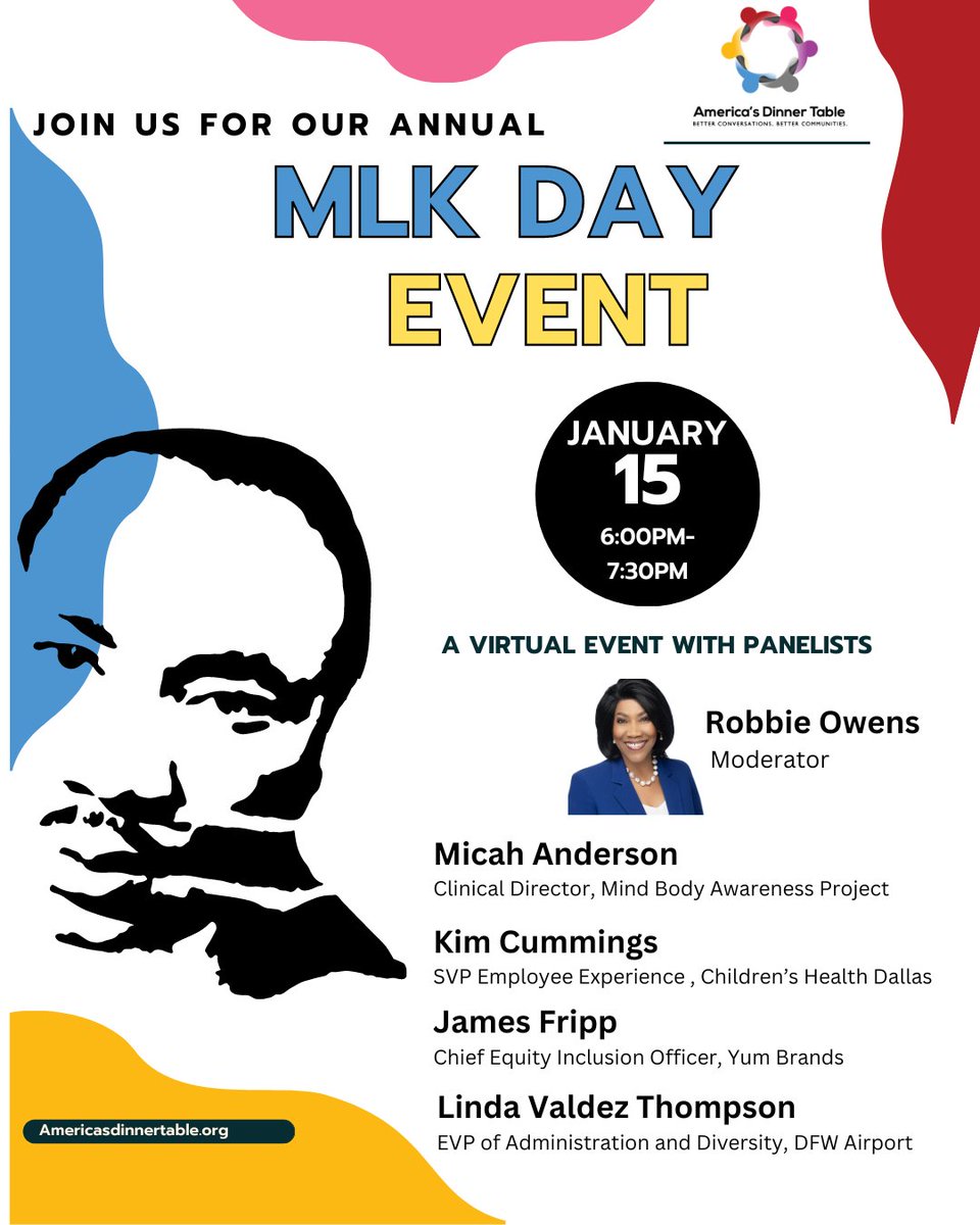 Americas_Dinner's tweet photo. Join us in honoring the legacy of Dr. Martin Luther King Jr., a tireless advocate for civil rights, equality, and justice. Registration is now open for our 2024 MLK Day Event "Better Conversations: How We Live Dr. MLK Jr.'s Dream". Register here: https://t.co/Nol64KPJxo https://t.co/1ubZWj1yI8