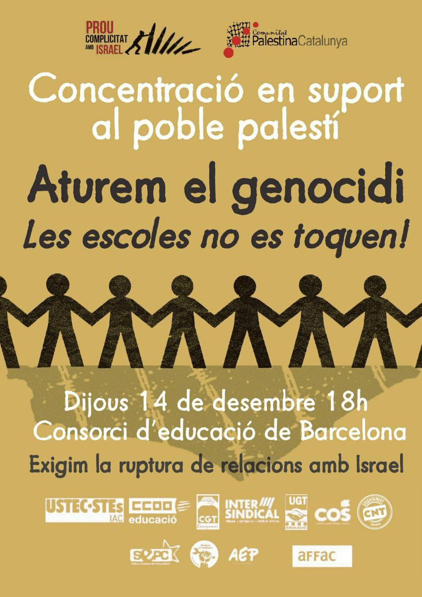 📢 Avui a les 18h ens concentrem per exigir al <a href="/govern/">Govern de Catalunya</a> el trencament immediat de relacions amb l'estat d'Israel.

Perquè #LesEscolesNoEsToquen. Perquè res justifica l'horror que estan patint els infants a Gaza i Cisjordània.

#AturemElGenocidi #EducacioAmbPalestina #EnsenyemVida