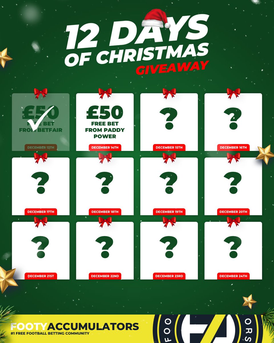 DAY 2 OF OUR 12 DAYS OF GIVEAWAYS! 🚨 Win a £50 FREE BET from Paddy Power! 🤩 RETWEET TO ENTER! ✅ Winner picked TONIGHT @ 10pm - good luck! 🙏