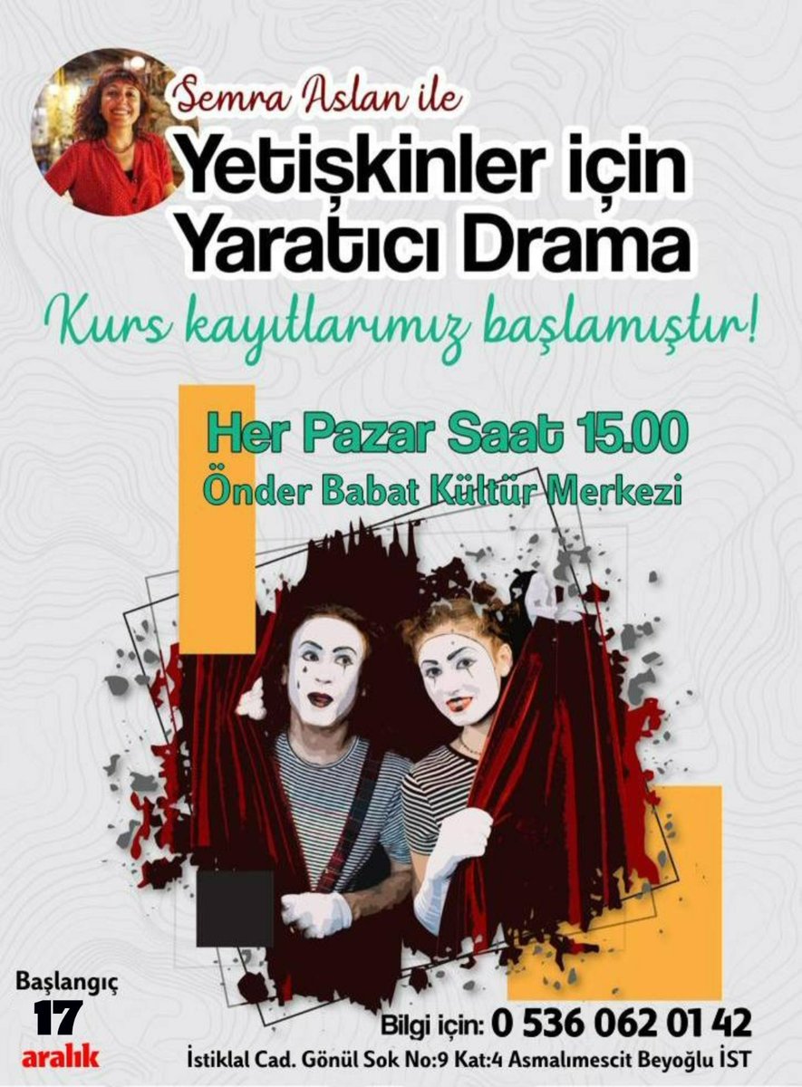 TaksimOBKM's tweet photo. 📢ÖBKM'de bu hafta!

🎭15 Aralık Cuma 20.00'de Ah! Yalan Dünya oyununda buluşuyoruz
🌿17 Aralık Pazar 13.00'de Kapıdaki Kıtlık belgeselini izliyoruz
🎭17 Aralık Pazar 15.00'de Yetişkinler için Yaratıcı Drama Atölyesine başlıyoruz! https://t.co/l6M4fc5qDv