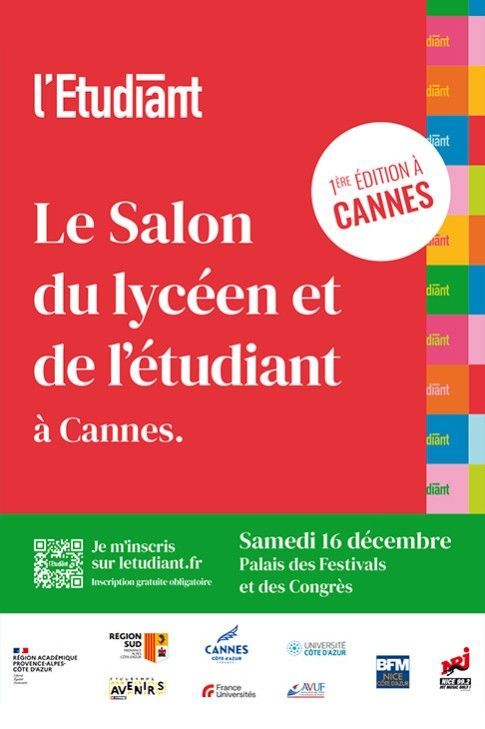 Ce week-end, #Cannes accueille son premier Salon de l’étudiant dédié à l'orientation ! Près de 70 exposants attendus pour le premier Salon du lycéen et de l’étudiant au Palais des Festivals. 📅 Samedi 16 décembre de 9h à 17h #CannesFrance #CotedAzurFrance