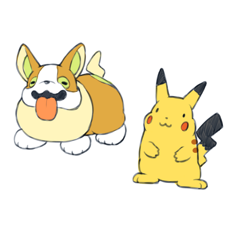 pikachu ,yamper pokemon (creature) no humans white background tongue :3 simple background standing  illustration images