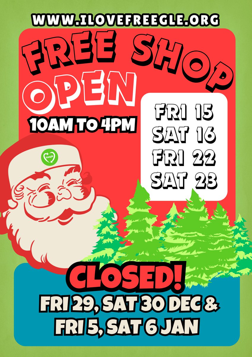 The weekly #brighton #FreeShop is OPEN 10am to 4pm Fri 15, Sat 16, Fri 22 & Sat 23 December **CLOSED** Fri 29 & Sat 30 Dec **CLOSED** Fri 5 & Sat 6 January Free Shop details➡️ ilovefreegle.org/communityevent… Freegle app available 24/7 every day of the year! ilovefreegle.org/explore/21441