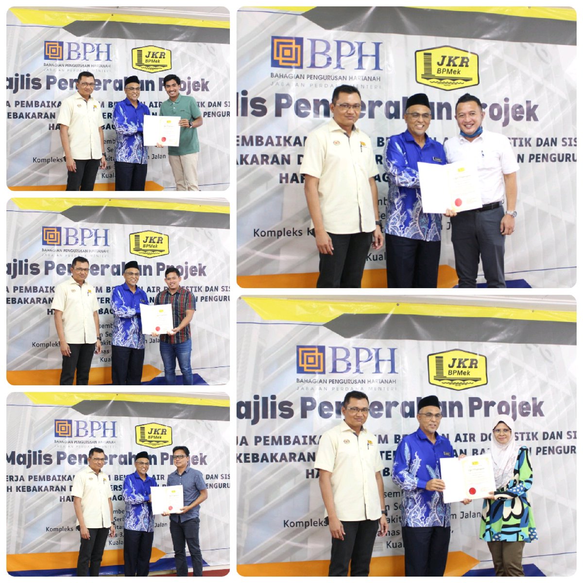 JKRWoksyop's tweet photo. 14/12/2023: 10.00pg

Majlis serahan secara 3 dlm 1 kerja2 pembaikan sistem bekalan air &amp; pencegah kebakaran.

Lima sebutharga berjumlah RM2.8 juta di Kuarters Jln Duta, Jln U-Thant &amp; Jln Ang Seng.

Majlis disempurnakan oleh Pengarah Kanan CKM &amp; Setiausaha Bahagian BPH JPM. https://t.co/KGkM5mnvC2