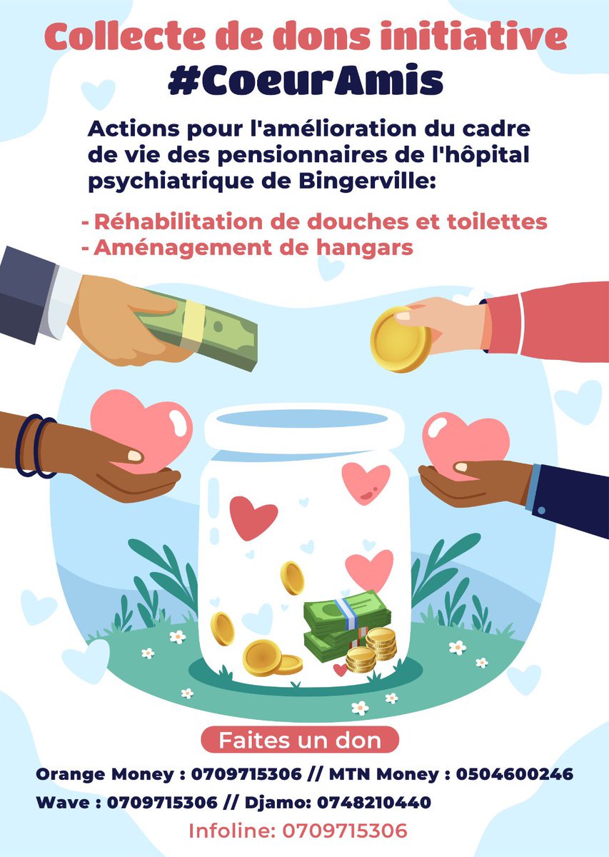 Liamkinkey's tweet photo. #CoeurAmis est un projet mis en place par des twittos, qui vise à soutenir les initiatives positives en faveur de la santé mentale, des troubles DYS et aux TSA. 
A travers des sensibilisations, de l’accompagnement et aussi sa grande collecte pour la réhabilitation des 16 salles d’eau et toilettes des pensionnaires de l’hôpital psychiatrique de Bingerville. 

A ce jour après un mois de campagne nous avons pu réunir 581.500 FCFA. 
Soit près de 25% de notre objectif. 

Merci pour vos dons. Merci de croire en cette initiative. Qui veut permettre aux pensionnaires de profiter d’un cadre de vie sain, digne et humain.  Travailler à la non déshumanisation des personnes souffrant de troubles mentaux. Ensemble nous pouvons transformer la réalité des personnes atteintes de troubles. @coeuramis1 

Pour participer 👉🏼05 moyens.

🔵 Wave : 07 09 71 53 06
🟠 O M.   : 07 09 71 53 06
🟡 MTN   : 05 04 60 02 46
⚫️ Djamo: 07 48 21 04 40
🔺Lien collecte : Projet cœur Amis - https://t.co/rZEIXZchkv