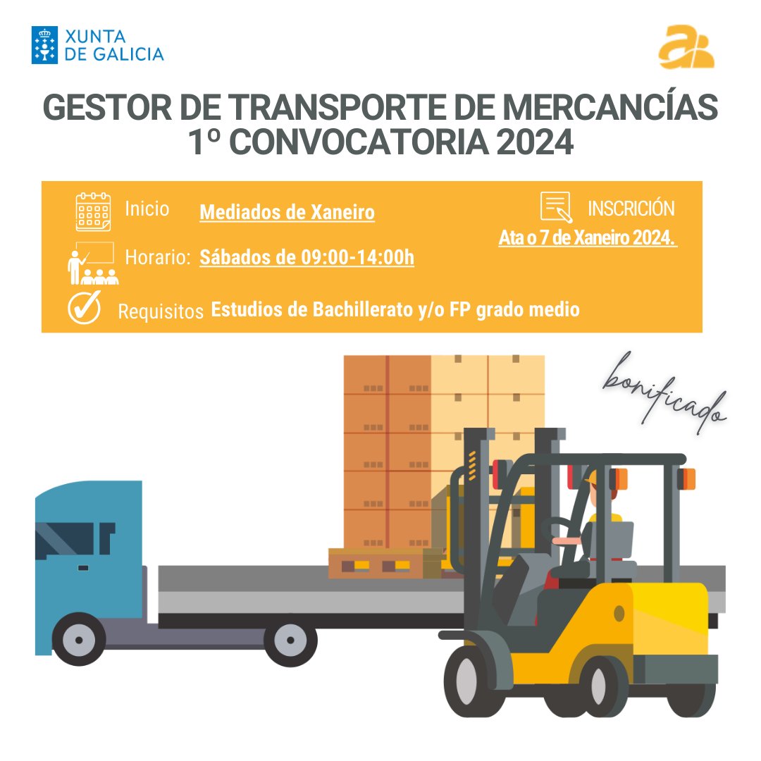 Puedes inscribirte llamando a cualquiera de nuestras sedes: Ourense (988 254 200), O Porriño (986 342 233), Santiago (981 574 922) y Lugo (982 256 109).

#formación #gestortransporte #competenciaprofesional #apetamcor #transporte #transporteprofesional