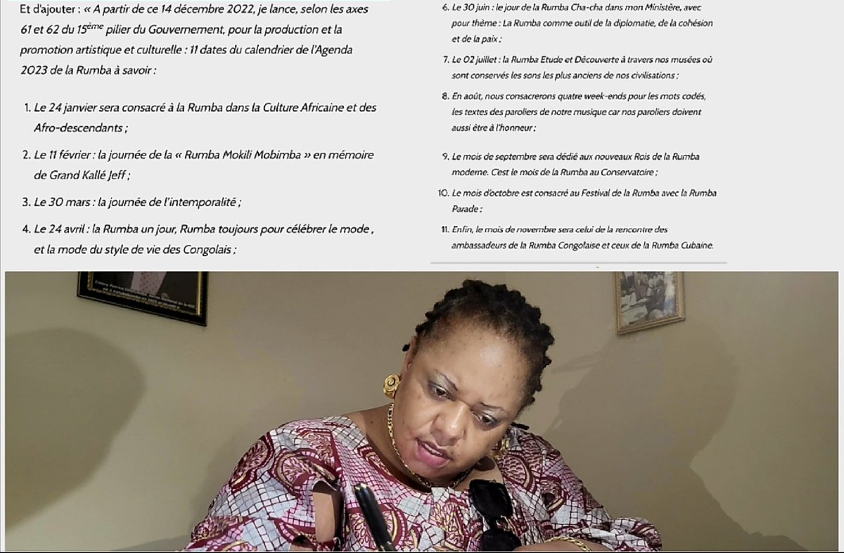 MARDI 14 DÉCEMBRE 2021-JEUDI 14 DÉCEMBRE 2023

LA RUMBA CONGOLAISE A DEUX ANS SUR LA LISTE REPRÉSENTATIVE DES PATRIMOINES CULTURELS DE L’UNESCO

La ministre Kathungu Furaha a créé LE CALENDRIER DE LA RUMBA avec 11 dates afin que chaque mois la Rumba soit célébrée dans les 11arts