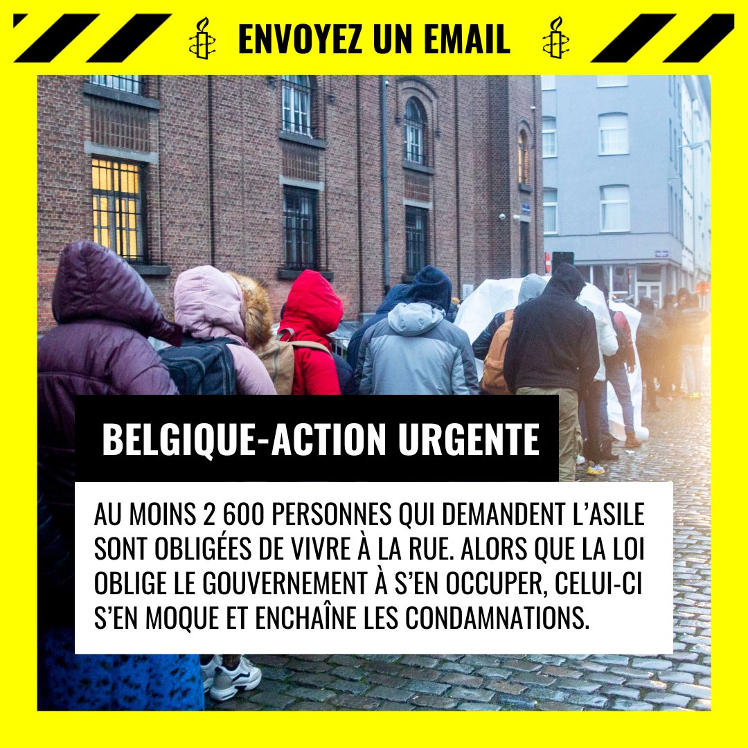 ⚠️Nous lançons une action urgente visant la #Belgique 👉 <a href="/alexanderdecroo/">Alexander De Croo 🇺🇳</a> &amp; <a href="/Nicole_demoor/">Nicole de Moor</a>

En refusant d'accueillir dignement près de 2600 personnes demandant l'asile, le #Begov ne respecte pas l'État de droit.

Et provoque une crise de l'accueil.

📩amnesty.be/belgique-hors-…