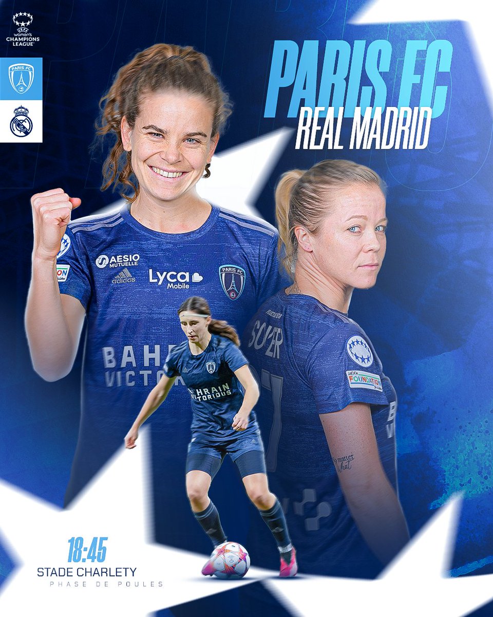 ✨ 𝐉𝐎𝐔𝐑 𝐃'𝐄𝐔𝐑𝐎𝐎𝐎𝐎𝐎𝐎𝐏𝐄 ! Le Paris FC reçoit le Real Madrid ce jeudi au Stade Charléty 😍 ! 𝑽𝒆𝒏𝒆𝒛 𝒕𝒓𝒆̀𝒔 𝒕𝒐̂𝒕 𝒂𝒖 𝑺𝒕𝒂𝒅𝒆 (𝑶𝒖𝒗𝒆𝒓𝒕𝒖𝒓𝒆 𝒅𝒆𝒔 𝒑𝒐𝒓𝒕𝒆𝒔 𝒂̀ 𝟏𝟕𝐡𝟏𝟓). 📲 #PFCRM | 18h45 | @DAZNFootball 🔵⚪ #CertifiéParis #UWCL