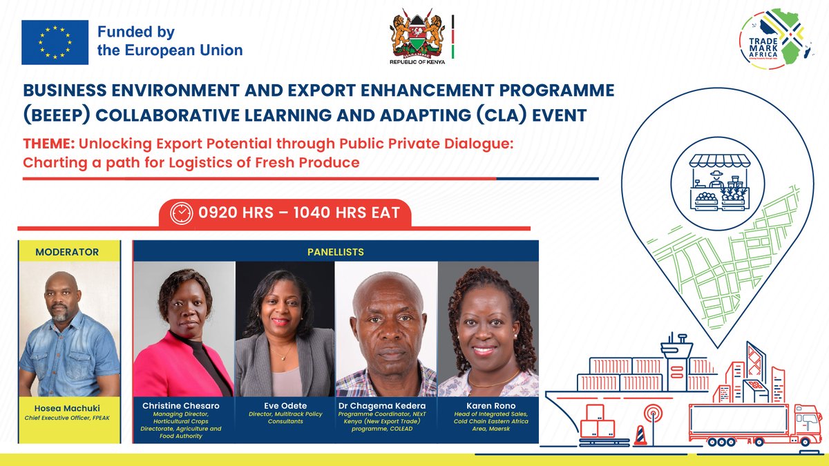 EUinKenya's tweet photo. Happening today! Stakeholders from the logistics sector are gathered in Nairobi to discuss how Kenya 🇰🇪unlock its export potential of fresh produce through adoption of green practices. @Trade_EU 🇪🇺 funded Business Environment & Export Enhancing Programme #BEEEP. https://t.co/bXc9PssADY